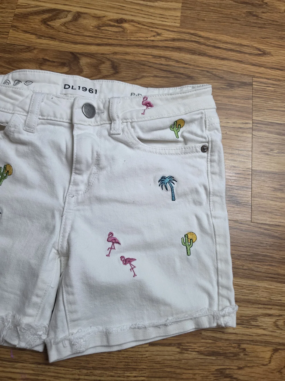 DL1961 White Denim Shorts with Multicolor Tropical Embroidery